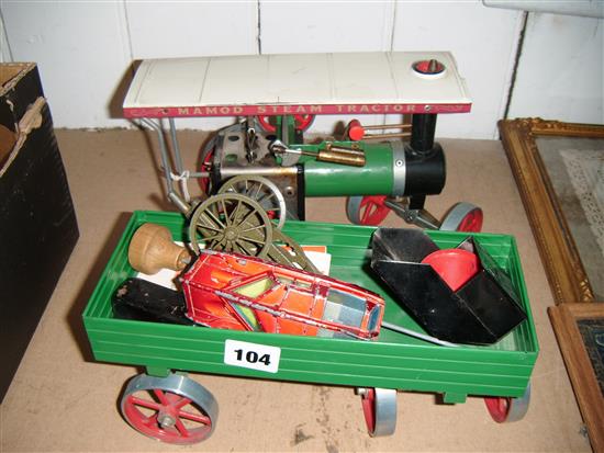 Mamod model steam engine and trailer, etc.